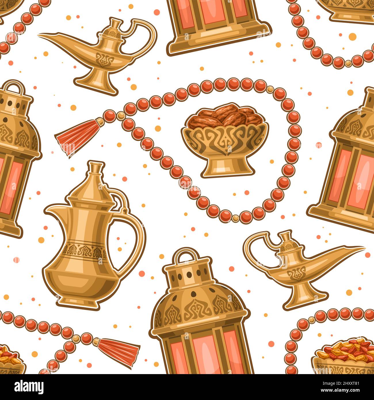 Vecteur Ramadan Iftar sans couture motif, papier d'emballage avec fond carré répété avec jeu d'illustrations découpées huile de bronze aladdin lampe et r Illustration de Vecteur