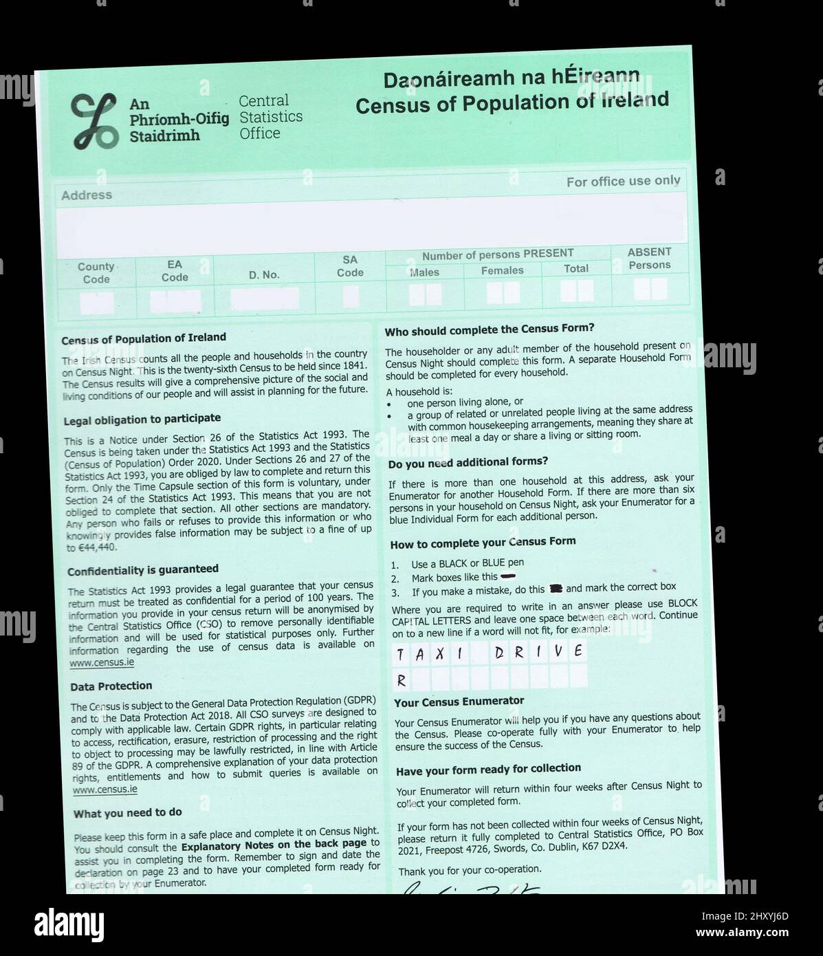Le formulaire de recensement pour le recensement de 2022 en République d'Irlande. Le recensement national a lieu le 3rd avril. Banque D'Images