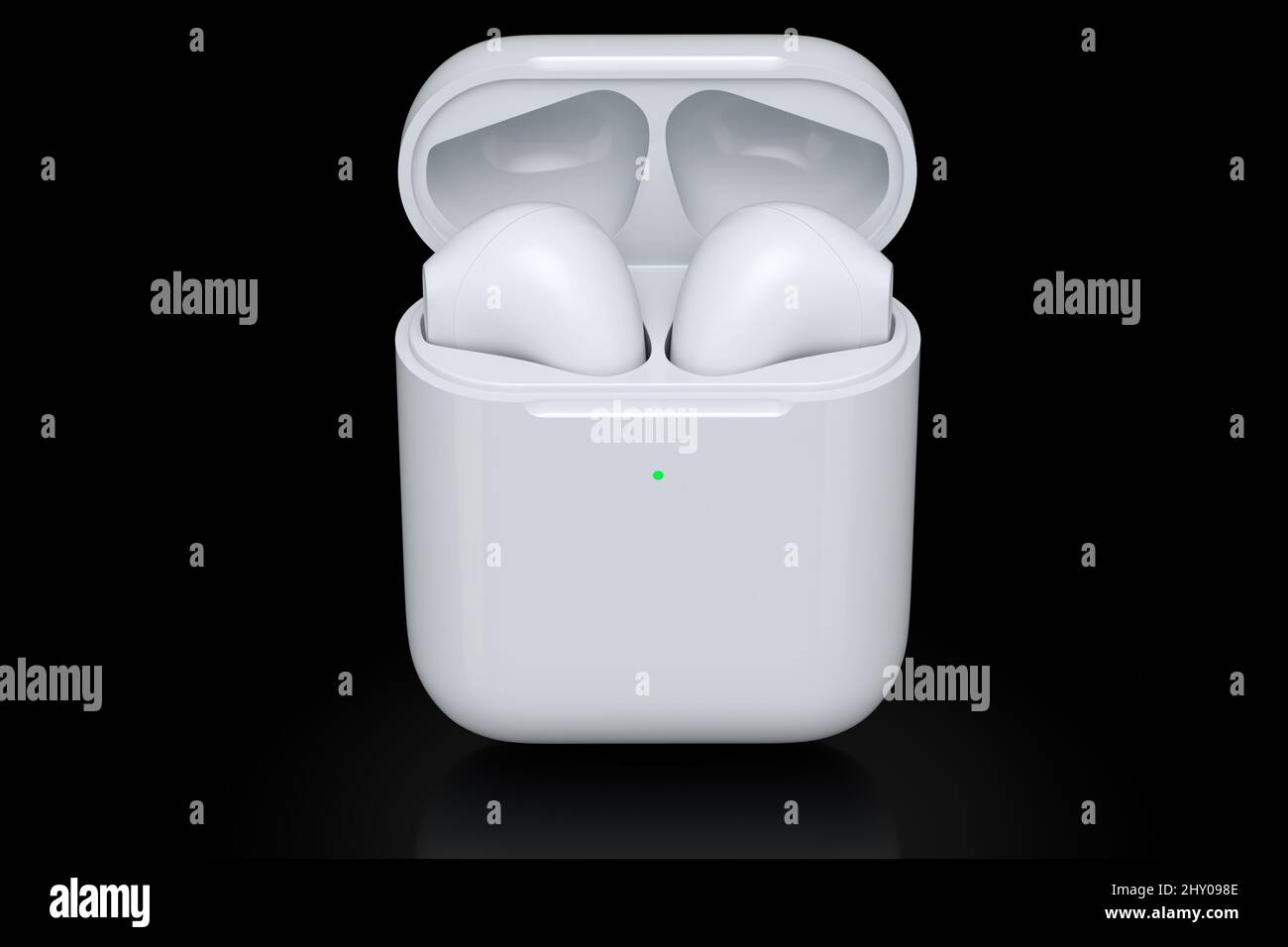 Casque Bluetooth sans fil dans un boîtier blanc isolé sur fond noir. Rendu 3D des accessoires pour écouter de la musique ou travailler à distance depuis la maison Banque D'Images Casque Bluetooth sans fil dans un boîtier blanc isolé sur fond noir. Rendu 3D des accessoires pour écouter de la musique ou travailler à distance depuis la maison Banque D'Images