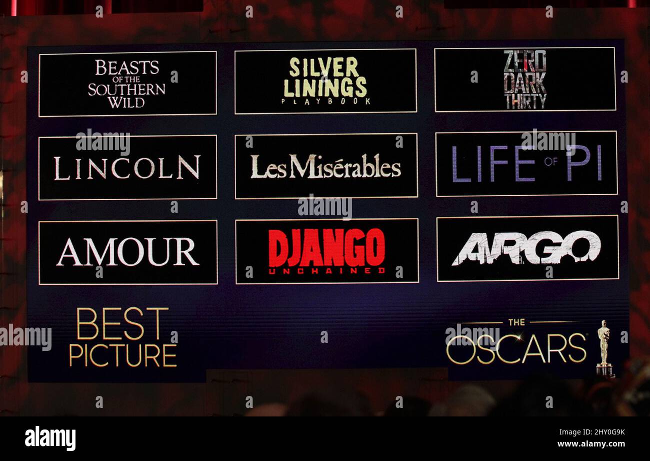 Les nominations de l'Académie pour la meilleure image sont affichées à l'écran lors des nominations pour les Academy Awards 85th, au Academy Theatre de Los Angeles. Banque D'Images