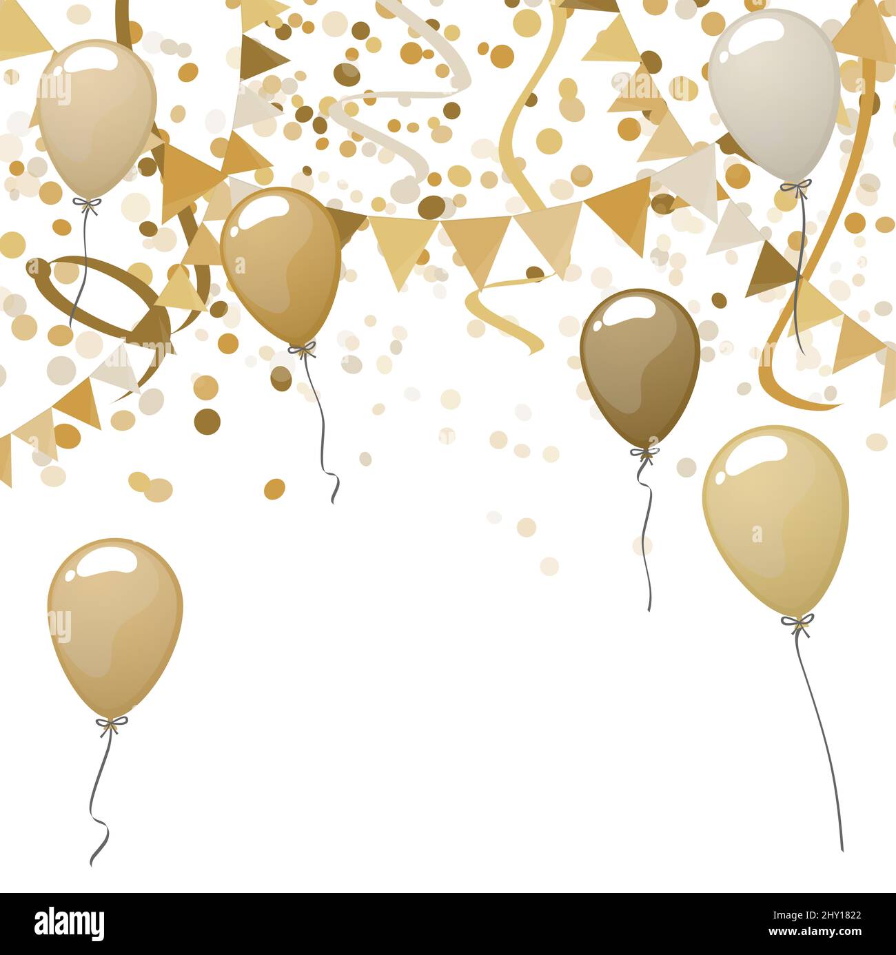Illustration vectorielle EPS 10 de guirlandes dorées et ballons avec banderoles et confetti sur fond blanc pour mariage ou sylve Banque D'Images
