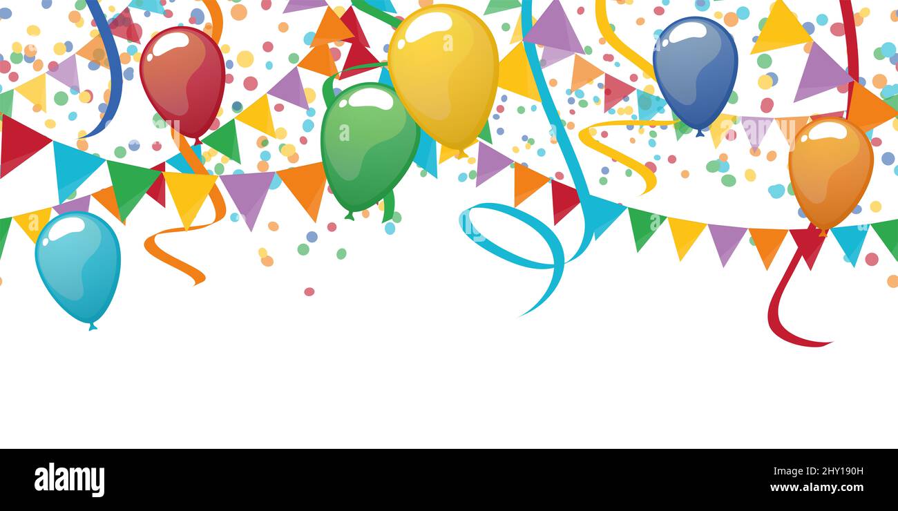 Illustration vectorielle EPS 10 de guirlandes et ballons colorés sans couture avec banderoles et confetti sur fond blanc pour l'anniversaire, partie de carnaval Banque D'Images