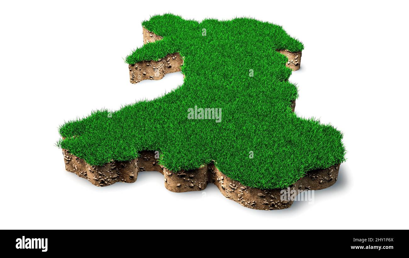 3D illustration de la carte du pays de Galles Section transversale de la géologie du sol avec de l'herbe verte et du sol rocheux Banque D'Images