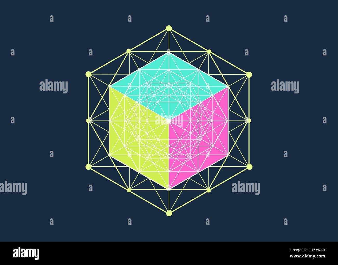 Cube solide mathématique 3D, Mandala hexagonal, géométrie sacrée, hexagramme magique. Motif géométrique abstrait style ligne d'élément. Icône Mystic colorée Illustration de Vecteur