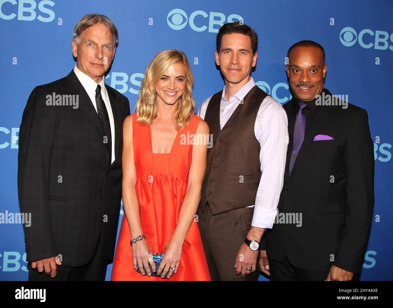 Mark Harmon, Emily Wickersham, Brian Dietzen et Rocky Carroll assistent à la présentation préliminaire CBS 2014 qui s'est tenue au Lincoln Center de New York, aux États-Unis. Banque D'Images