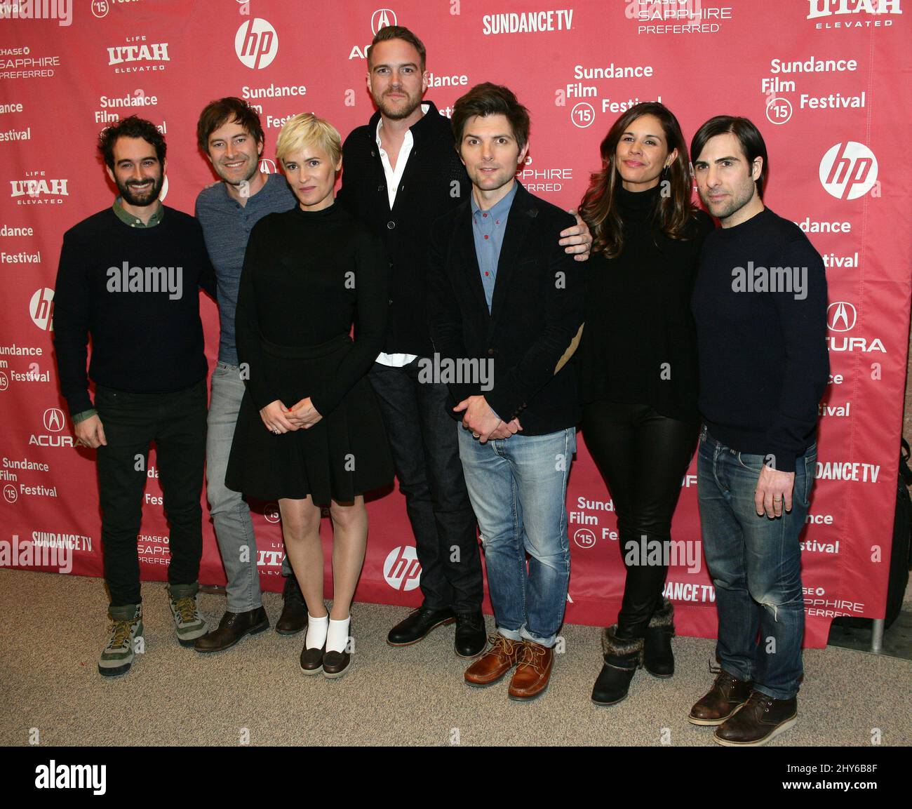 Jay Duplass, Mark Duplass, Adam Scott, Patrick Brice, Judith Godreche, Naomi Scott et Jason Schwartzman assistent à la première du SUNDANCE film Festival 2015 de LA NUIT qui s'est tenue au théâtre Eccles Banque D'Images