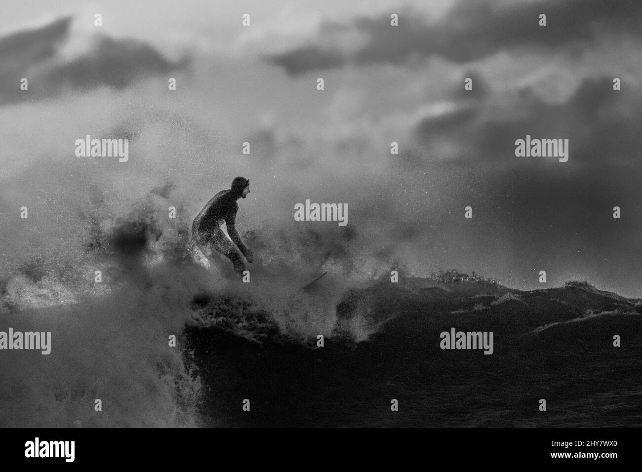 Surfeur attrapant la grande vague dans la mer Banque D'Images