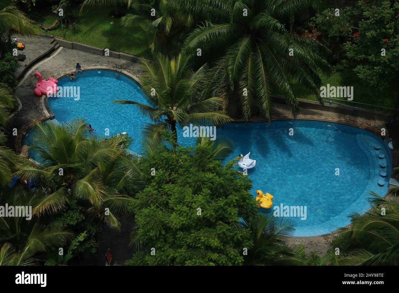 Malang, Indonésie : 27 février 2022 : piscine remplie de personnes qui nagent avec des ballons de cygne colorés Banque D'Images