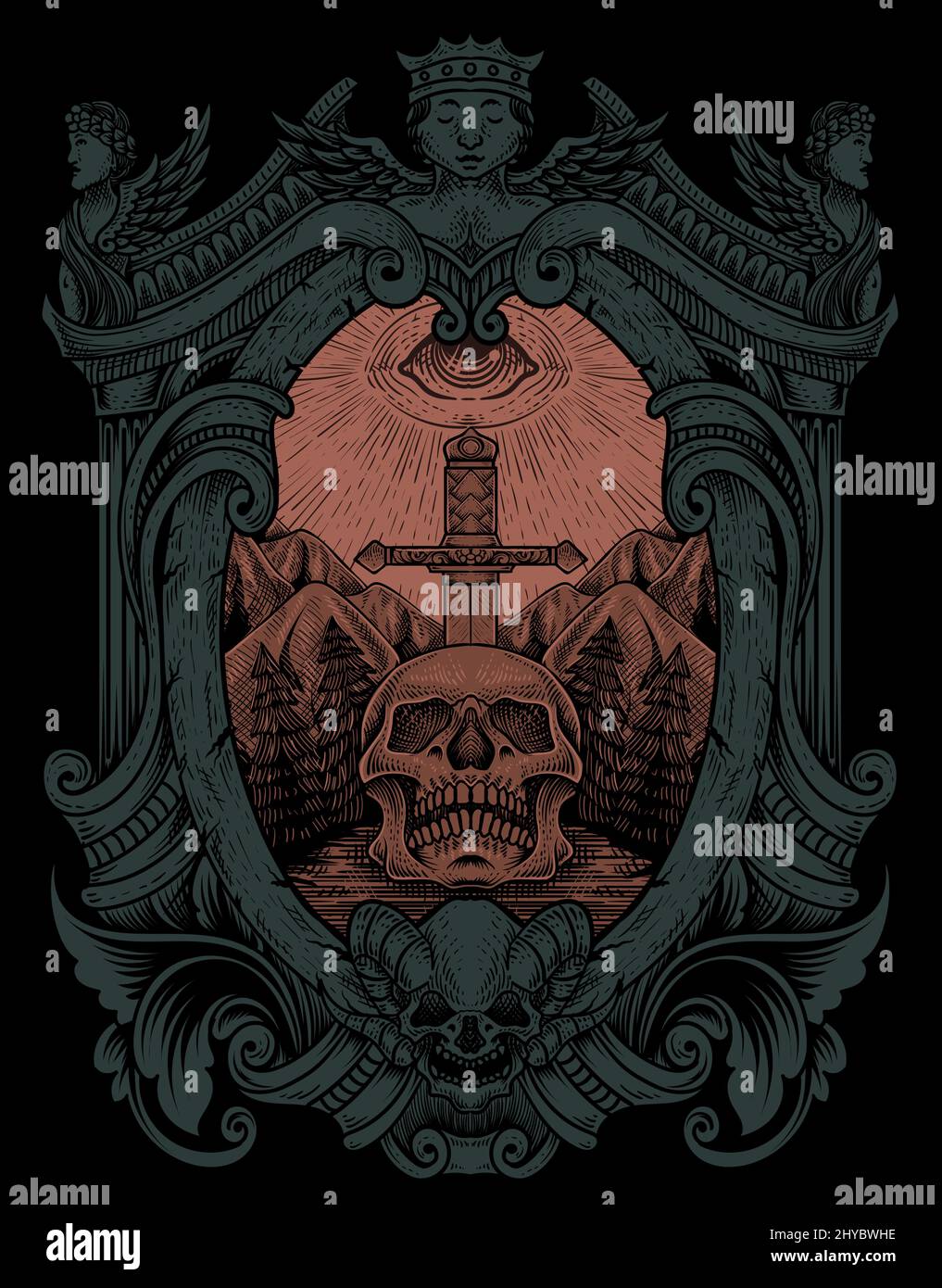 illustration antique épée de crâne avec les yeux sombres style gravure Illustration de Vecteur