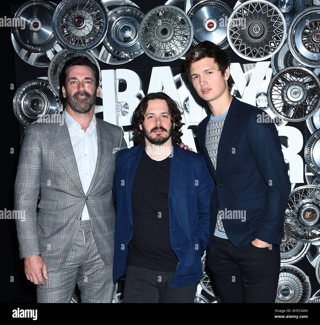 Jon Hamm, Edgar Wright et Ansel Elgort assistent à une photo pour le Baby Driver de TriStar Pictures au CinemaCon 2017, à Las Vegas, Nevada Banque D'Images