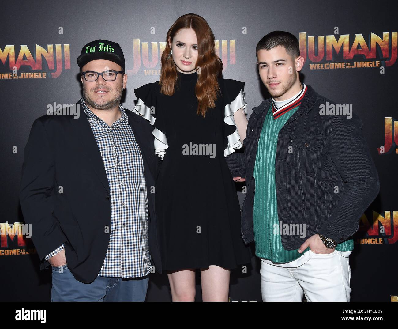 Jack Black, Karen Gillan et Nick Jonas assistant à un photocall pour Jumanji: Bienvenue dans la Jungle au CinemaCon 2017 qui se tient au Caesars Palace, à Las Vegas, Nevada Banque D'Images