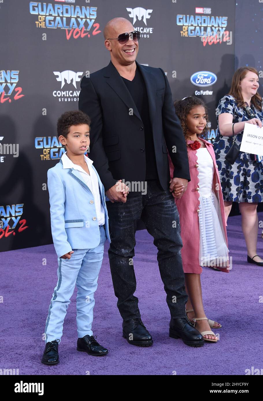 Vin Diesel, Hania Sinclair et Vincent Sinclair participant à la première mondiale de Guardians of the Galaxy vol. 2 à Los Angeles Banque D'Images