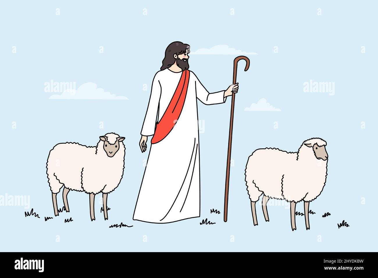 Jésus-Christ et les agneaux marchent sur le terrain. Histoire biblique de Jésus comme berger. Concept de religion et de foi. Scène religieuse, superstition et croyance. Illustration vectorielle plate, personnage de dessin animé. Illustration de Vecteur