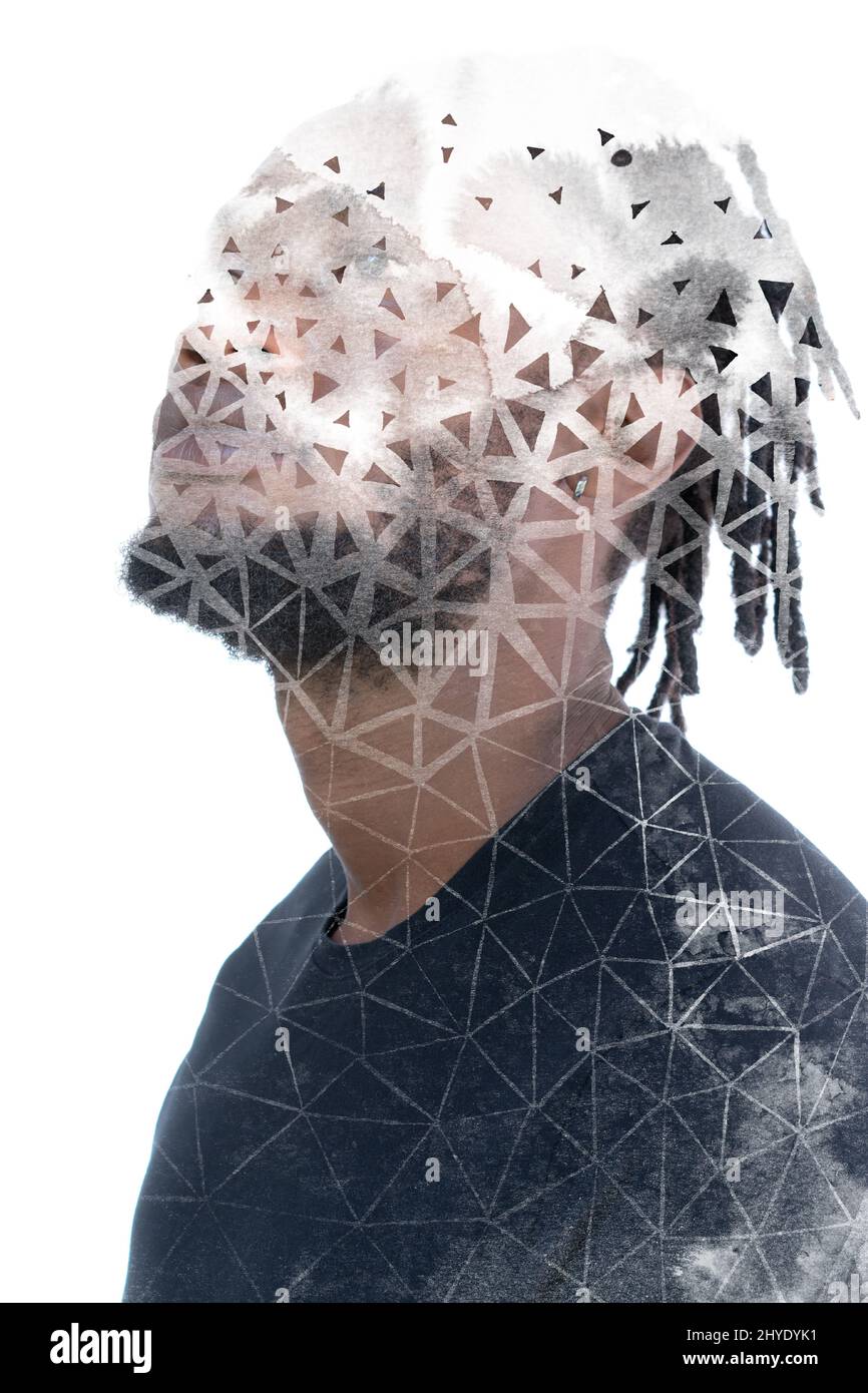 Peinture. Motif triangulaire peint à la main associé à un portrait Banque D'Images