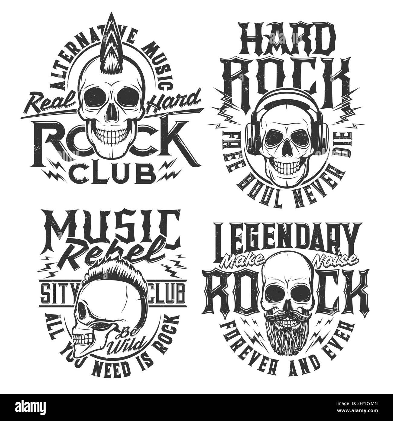 Reproductions de t-shirts Rock Music, têtes de crâne Hard Rock Club avec coupe de cheveux punk et barbe. Les badges de club de musique Hard Rock avec crâne dans les écouteurs et les textes font du bruit et d'être sauvage dans l'éclair de son électrique Illustration de Vecteur