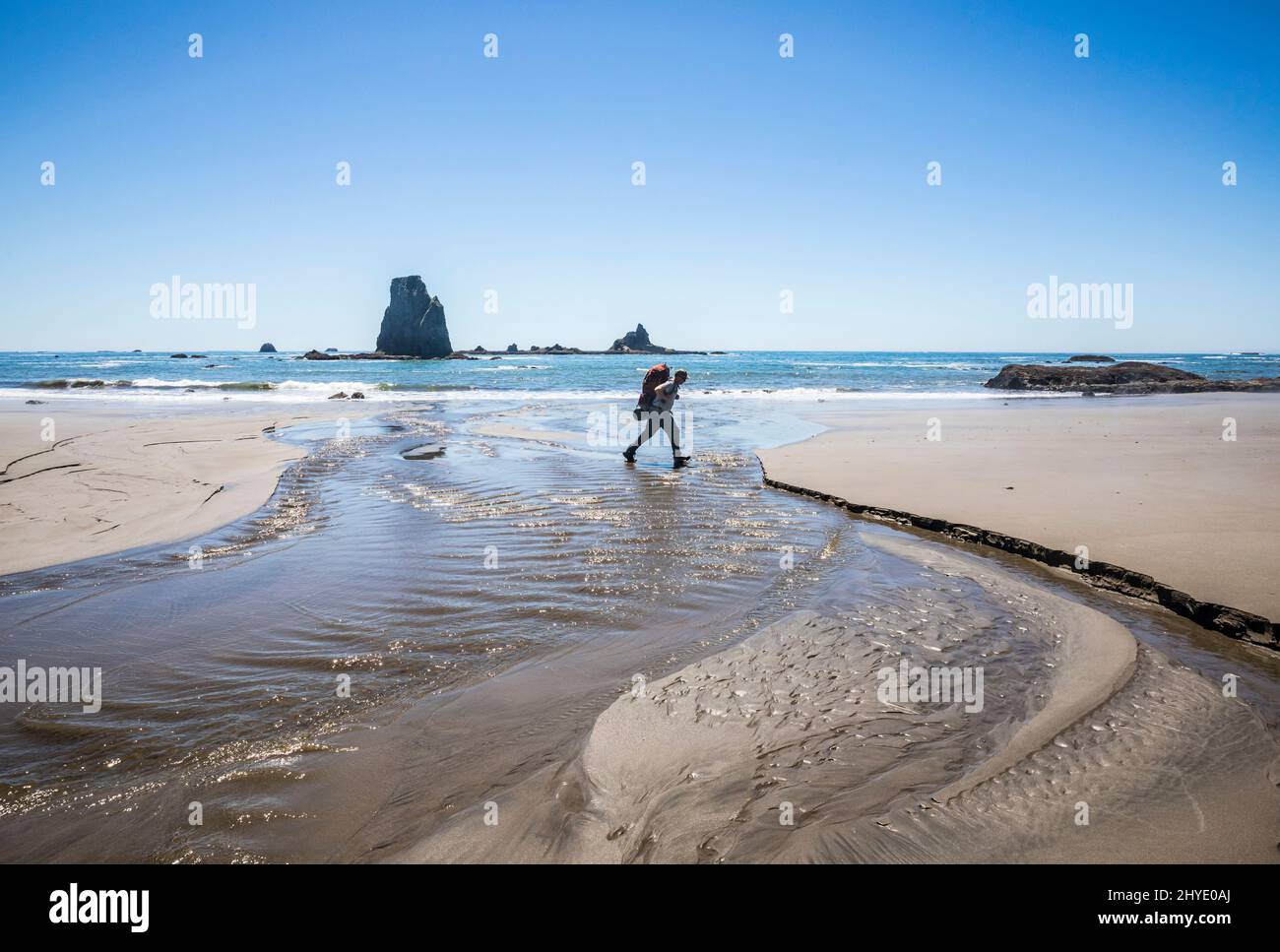Un homme portant un sac à dos traversant Jackson Creek sur la côte olympique de l'État de Washington, près de Toleak point, Washington, États-Unis. Banque D'Images
