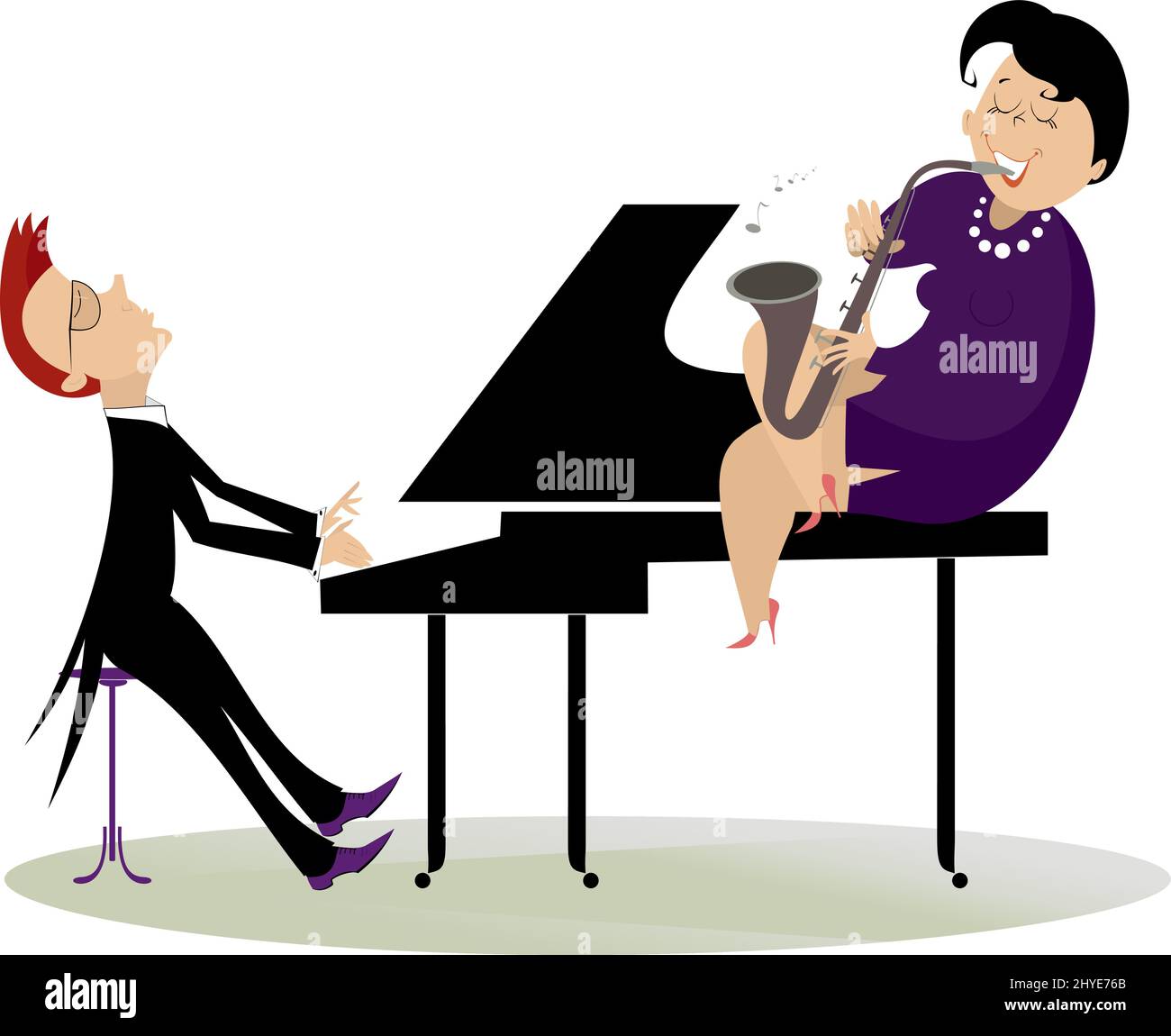 Saxophoniste et pianiste dans l'illustration du concert. Pianiste et saxophoniste, femme assise sur le piano isolé sur fond blanc Illustration de Vecteur