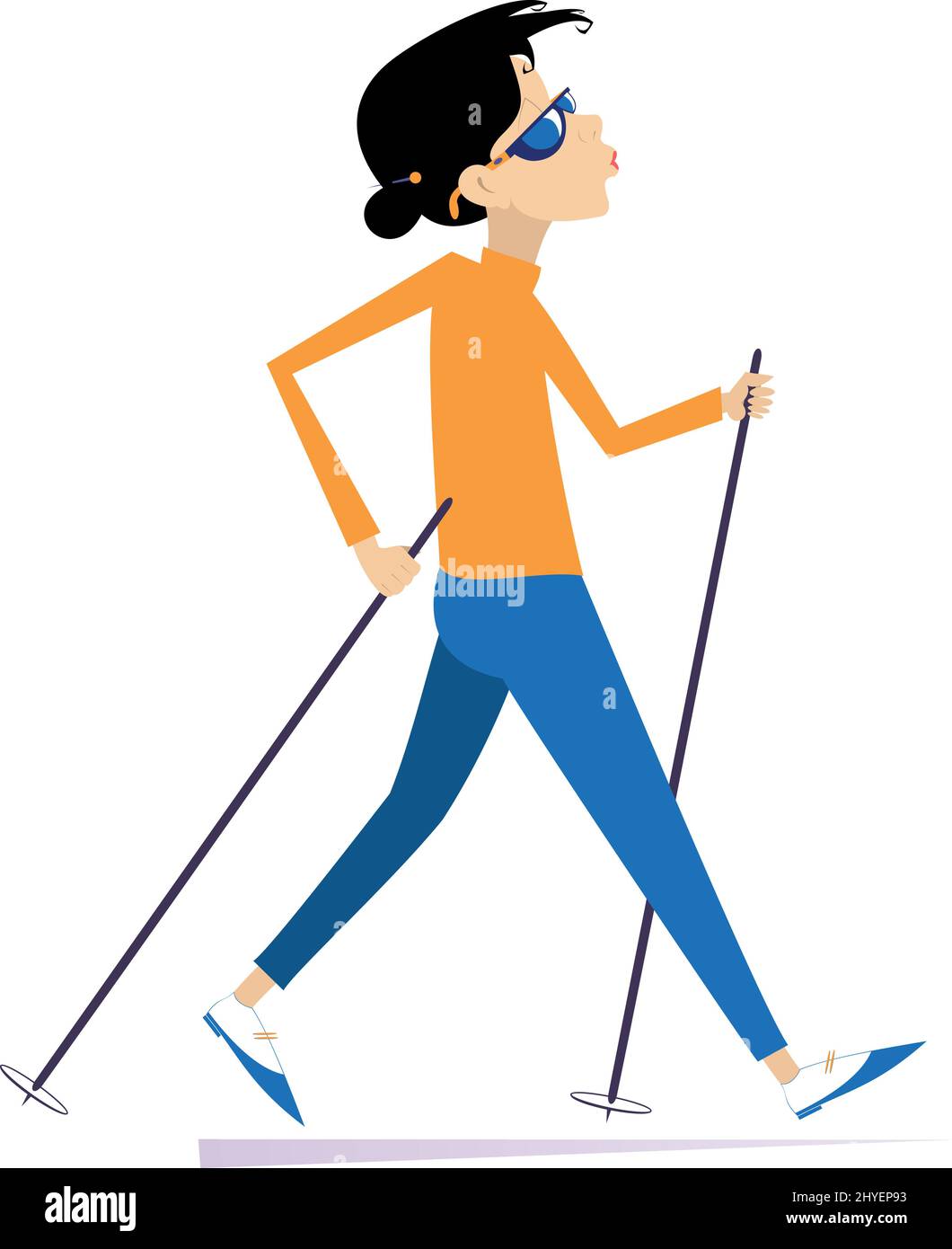 Femme joyeuse faisant l'illustration de marche nordique. Femme à manches  longues orange et pantalon bleu faisant Nordic Walk à l'extérieur isolé  Image Vectorielle Stock - Alamy