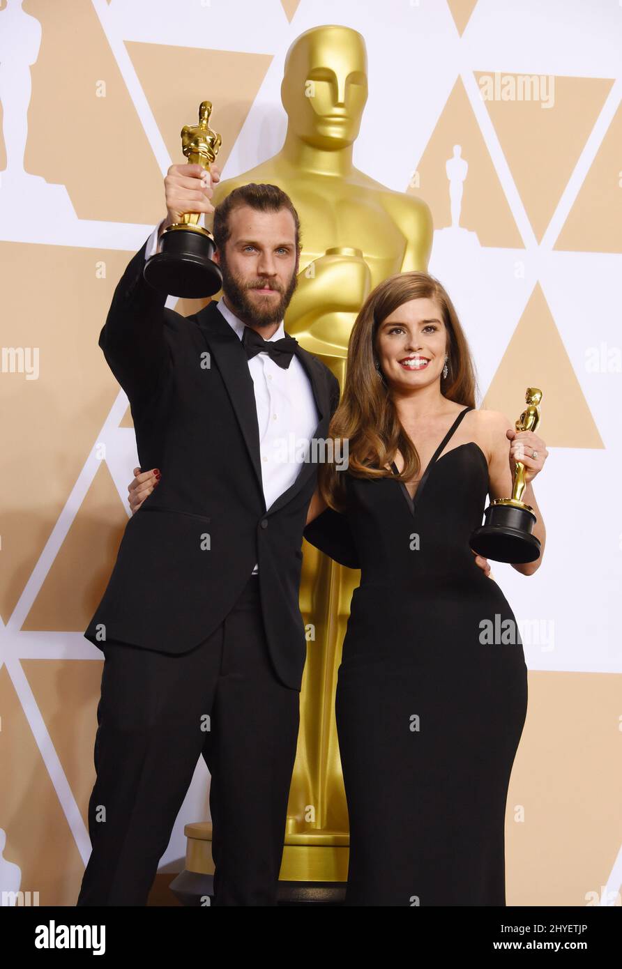 Chris Overton et Rachel Shenton dans la salle de presse des Academy Awards 90th Banque D'Images