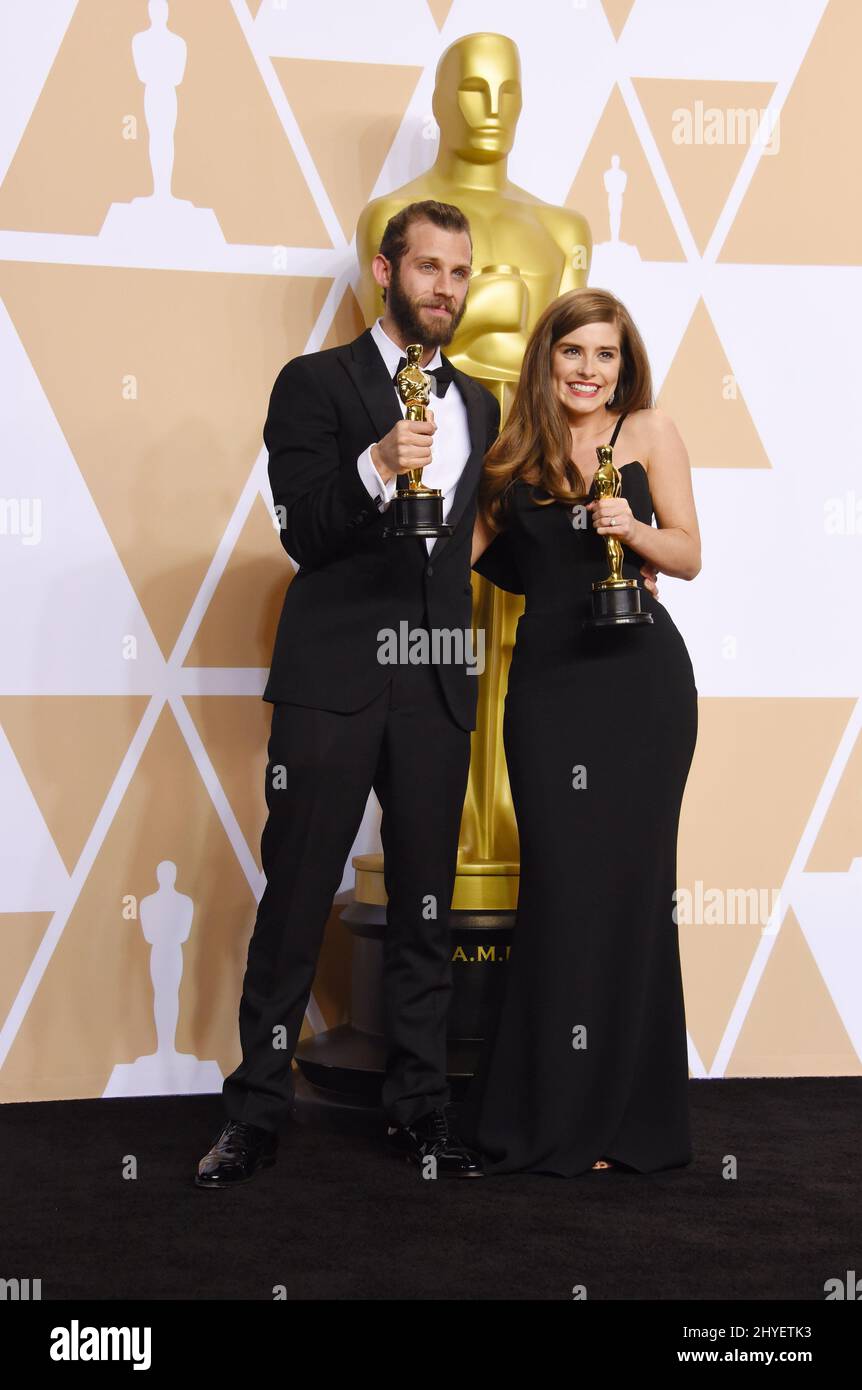 Chris Overton et Rachel Shenton dans la salle de presse des Academy Awards 90th Banque D'Images