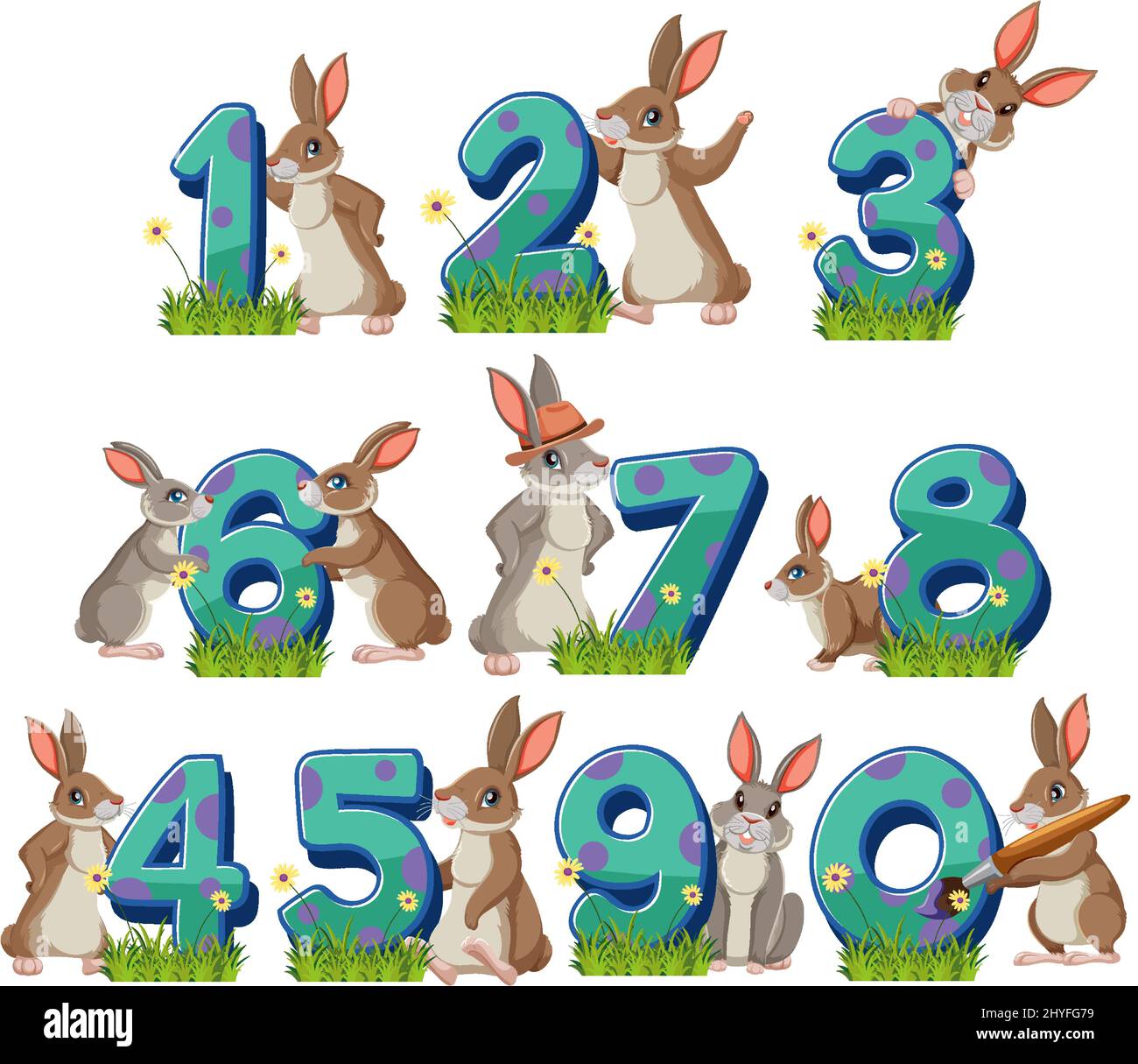 Ensemble de différents lapins tenant les nombres isolés sur fond blanc illustration Illustration de Vecteur