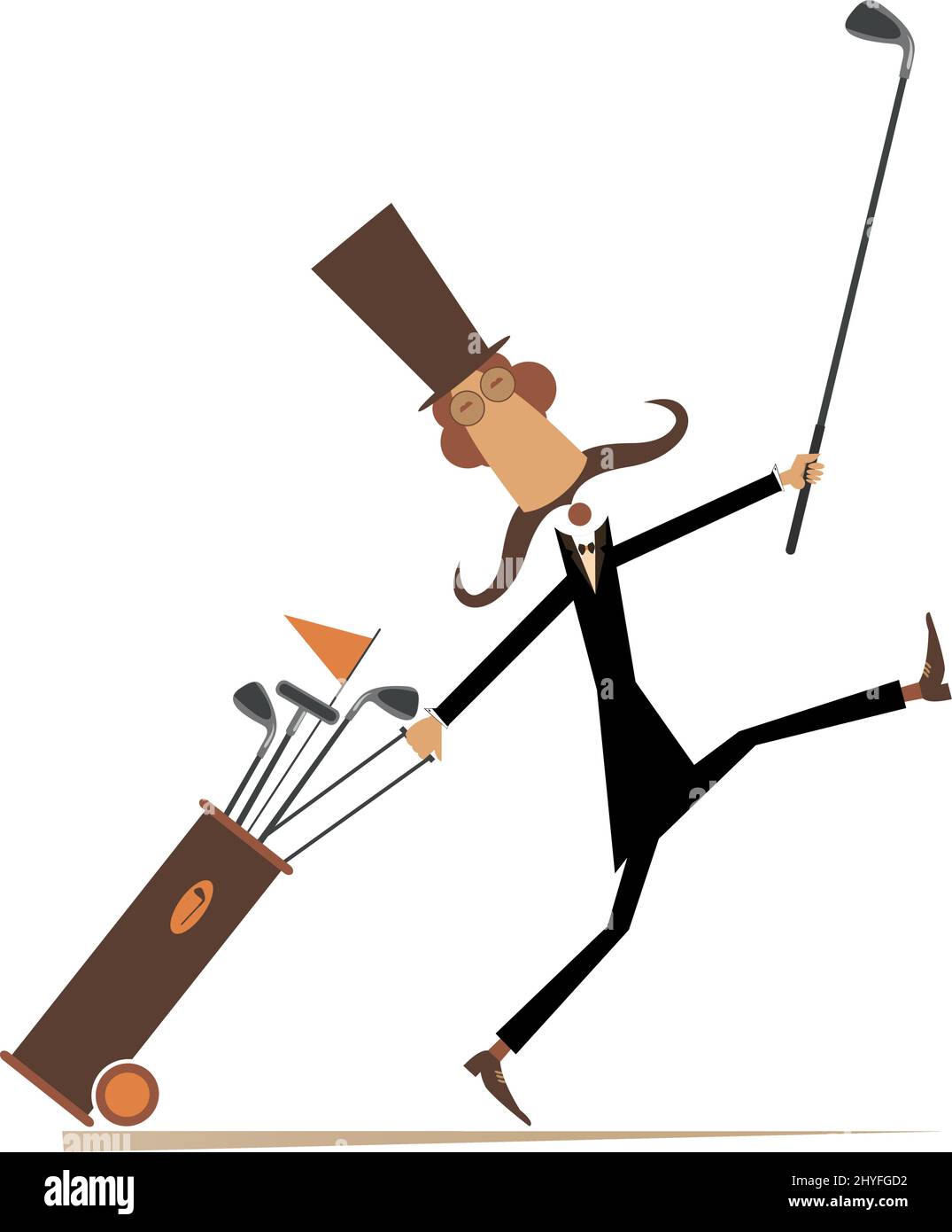 Un homme drôle de moustache longue joue l'illustration du golf. Dessin animé long moustache gentleman dans le chapeau supérieur avec club de golf et sac de golf va au parcours de golf Illustration de Vecteur