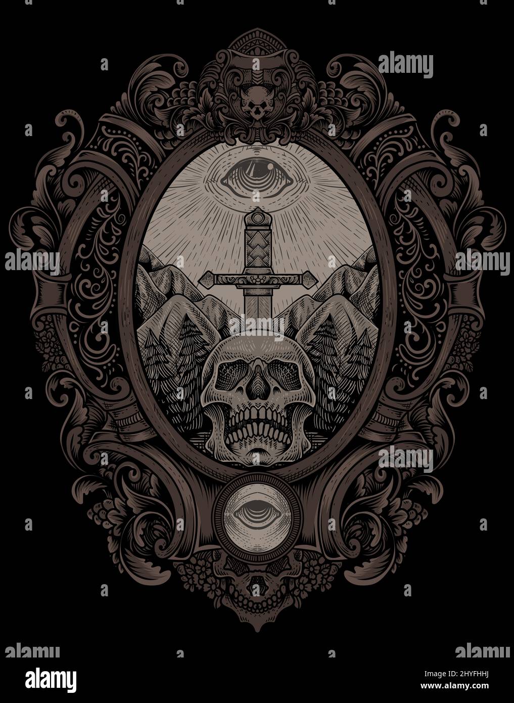 illustration antique épée de crâne avec les yeux sombres style gravure Illustration de Vecteur