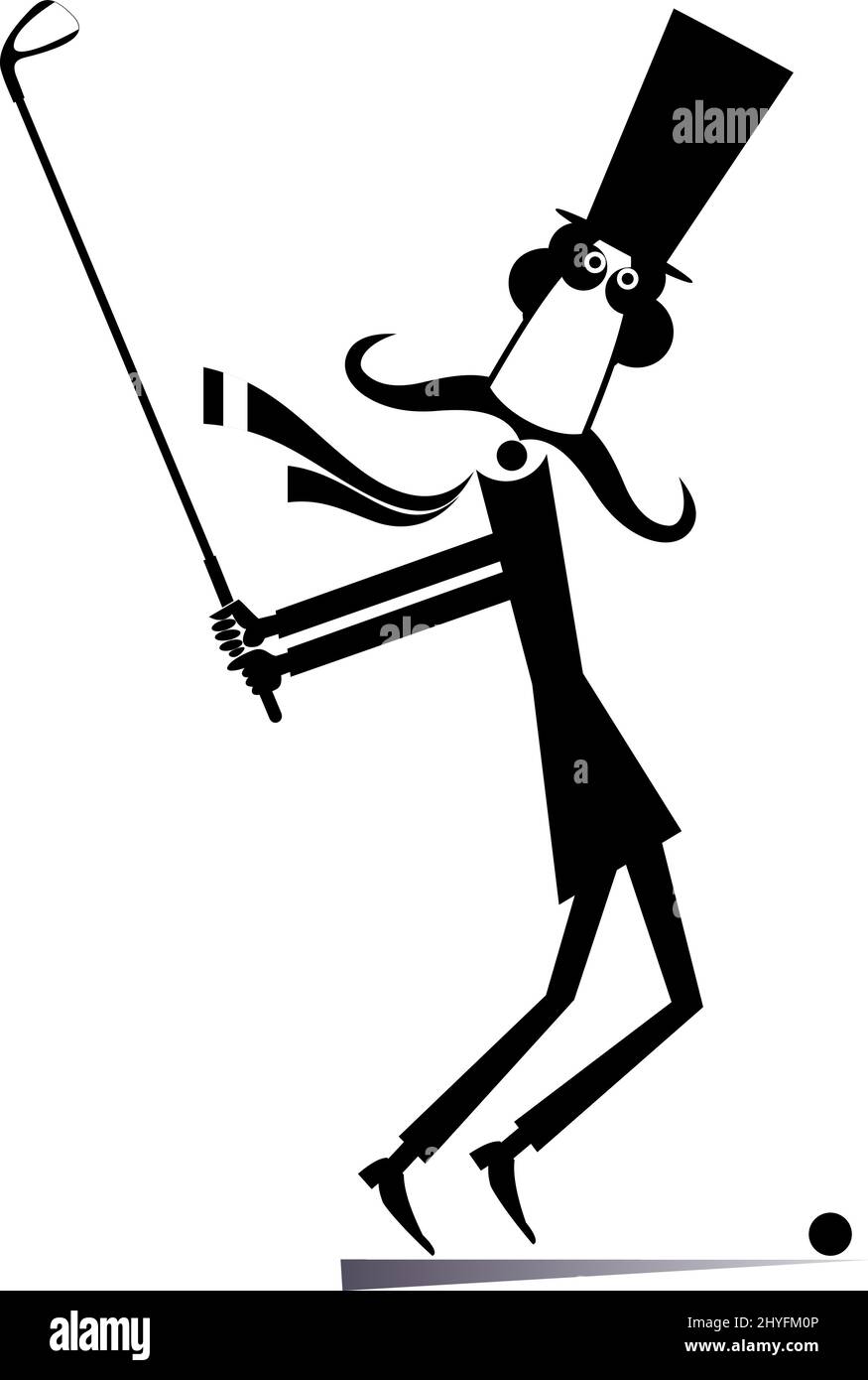 Homme de dessin animé dans le chapeau supérieur joue l'illustration de golf. Dessin animé long moustache gentleman dans le chapeau supérieur tient un club de golf et d'essayer de faire un bon coup de pied Illustration de Vecteur
