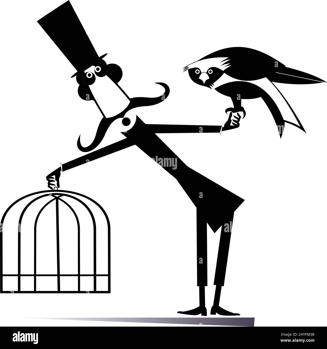 Illustration amusante d'un homme, d'un oiseau et d'une cage à moustache longue. Dessin animé long moustache gentleman dans le chapeau supérieur tient un oiseau et cage noir sur fond blanc Illustration de Vecteur