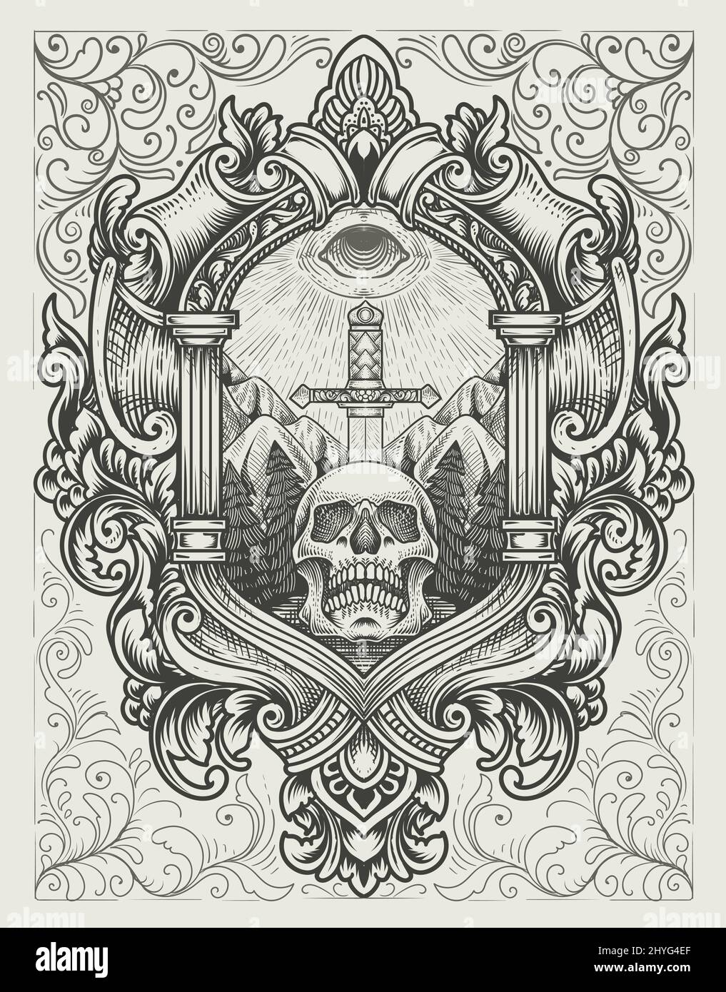 illustration antique épée de crâne avec les yeux sombres style gravure Illustration de Vecteur