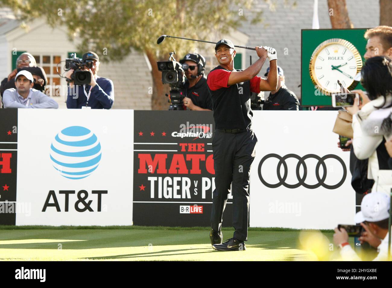 Tiger Woods au « The Match » de Capital One : Tiger Woods VS Phil Mickelson au parcours de golf de Shadow Creek à Las Vegas, États-Unis. Banque D'Images