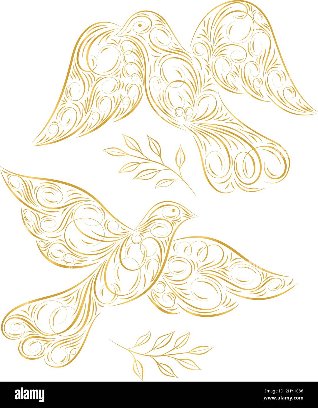 Illustration vectorielle calligraphie florissantes oiseaux en or décorés avec des branches de couple. Illustration du printemps avec décoration florsive. Illustration de Vecteur
