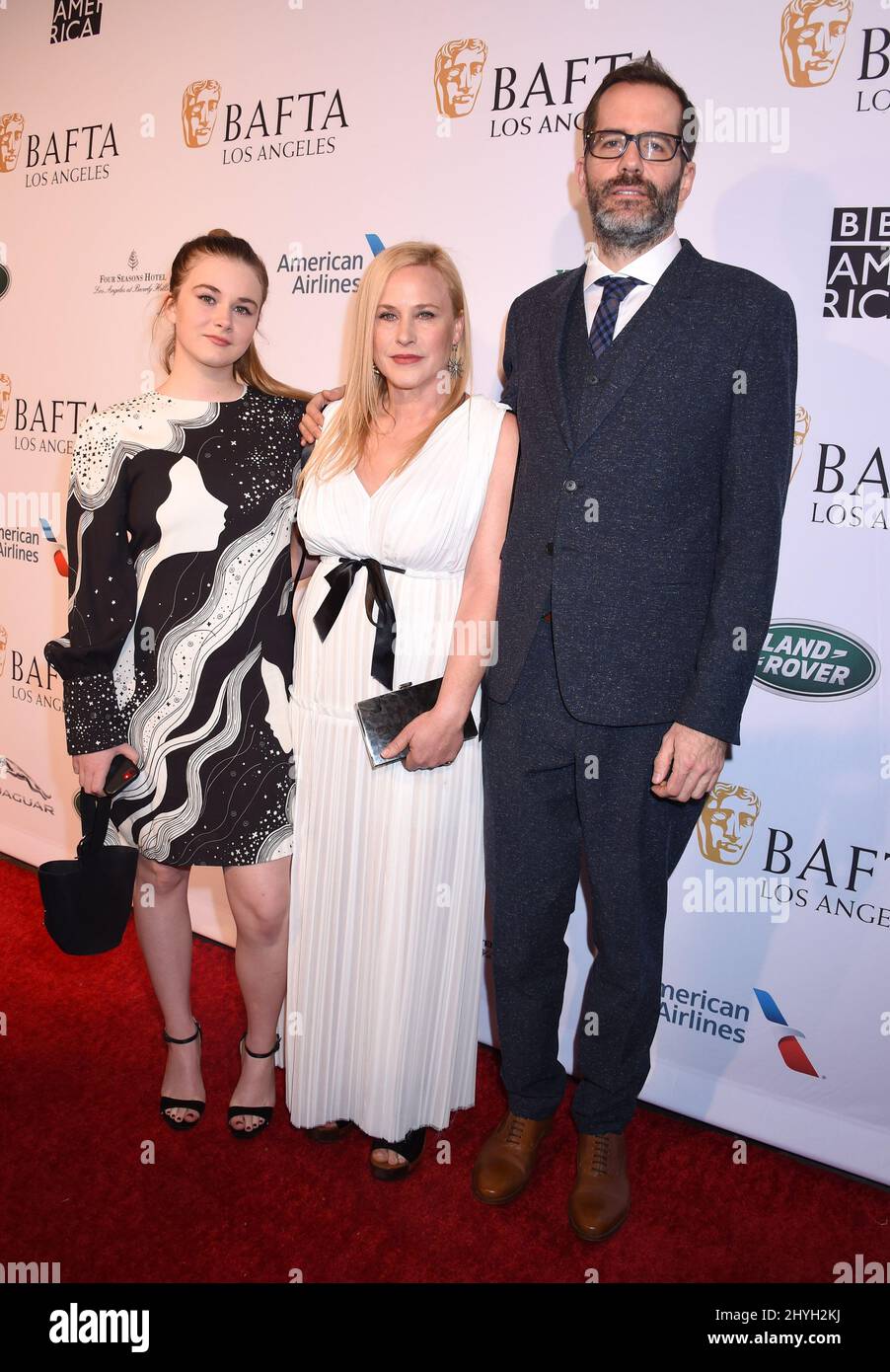 Harlow Jane, Patricia Arquette et Eric White arrivent à la BAFTA Los Angeles Tea Party qui s'est tenue au four Seasons Hotel Beverly Hills le 5 janvier 2019 à Culver City, États-Unis. Banque D'Images