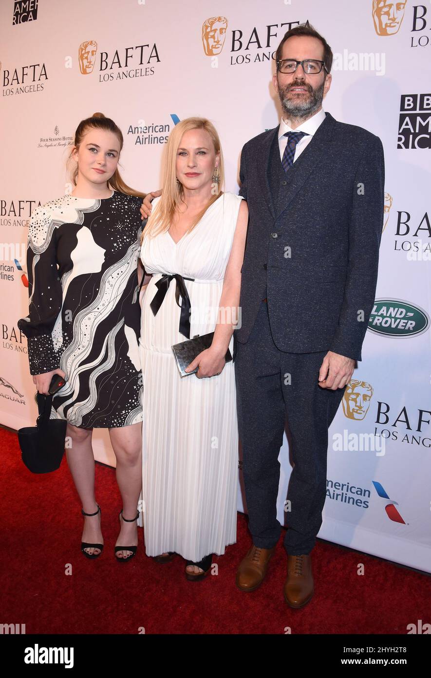 Harlow Jane, Patricia Arquette et Eric White arrivent à la BAFTA Los Angeles Tea Party qui s'est tenue au four Seasons Hotel Beverly Hills le 5 janvier 2019 à Culver City, États-Unis. Banque D'Images