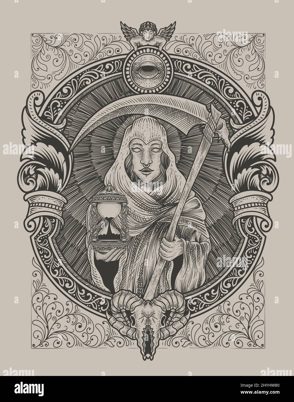 illustration de la mort ange femme avec gravure ornement style Illustration de Vecteur