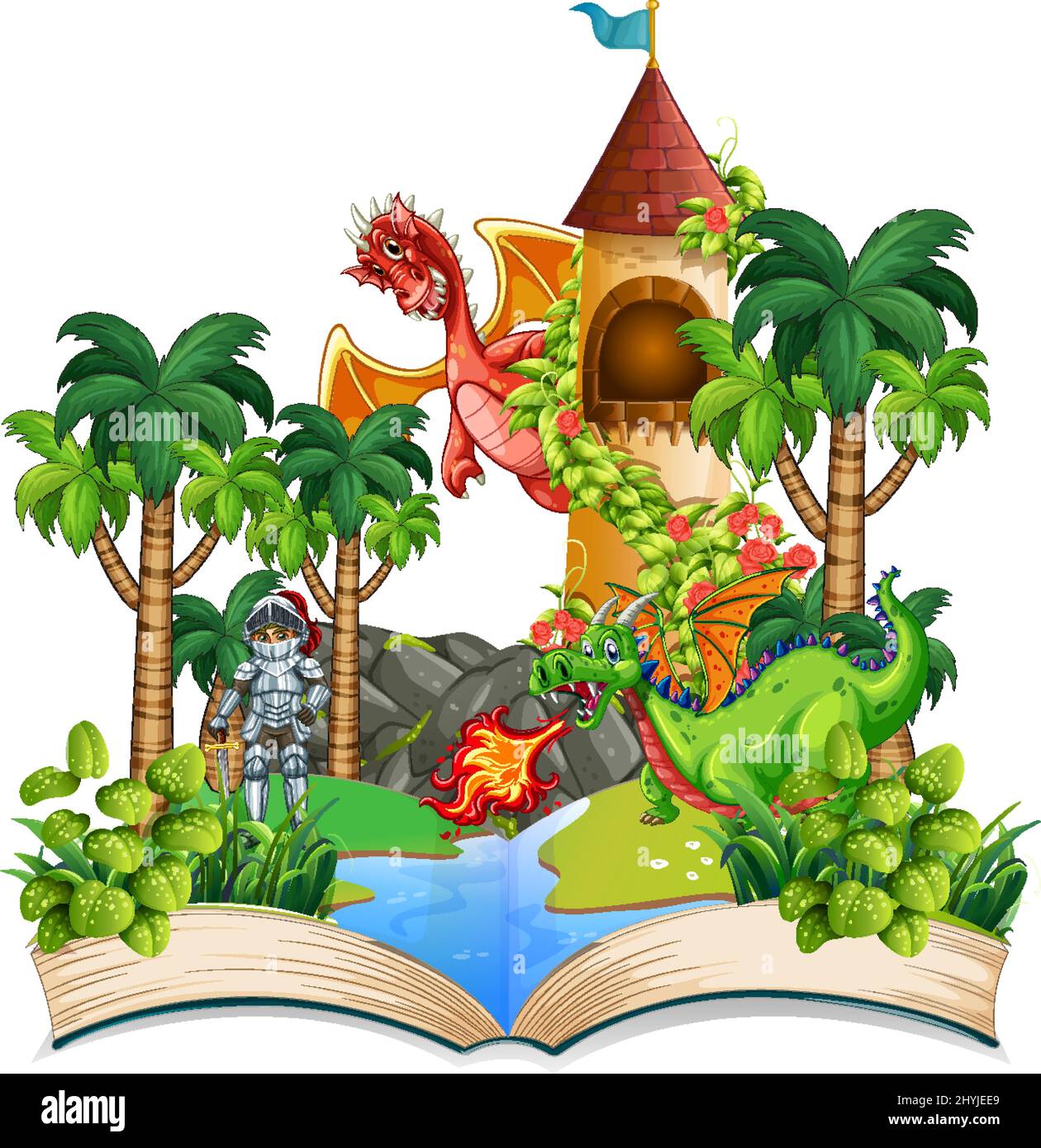 Livre avec scène de dragon et d'illustration de combat de chevalier Illustration de Vecteur