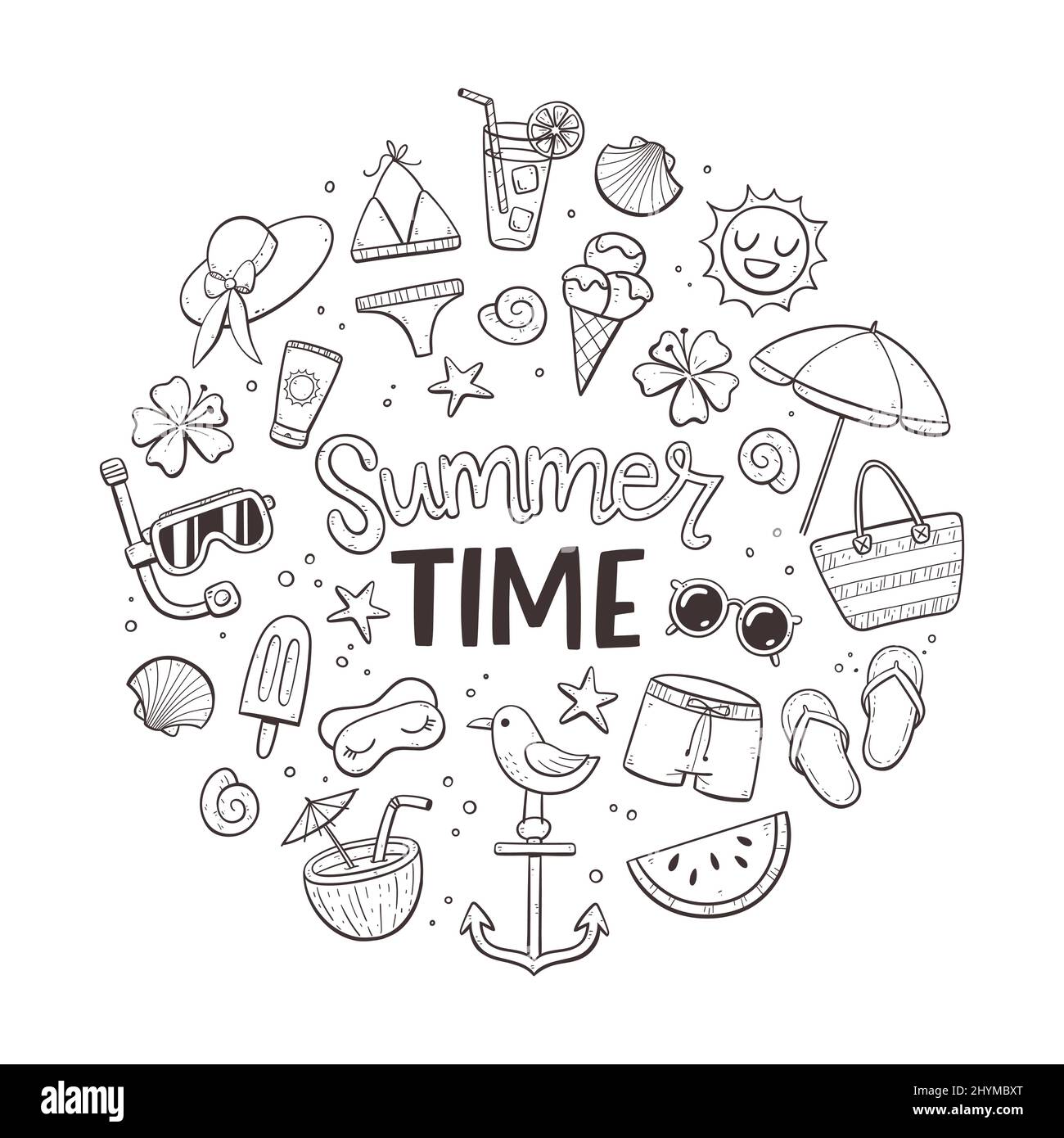 Arrière-plan de l'heure d'été. Style Doodle. Icônes estivales mignonnes dessinées à la main. Objets isolés sur fond blanc. Illustration de Vecteur