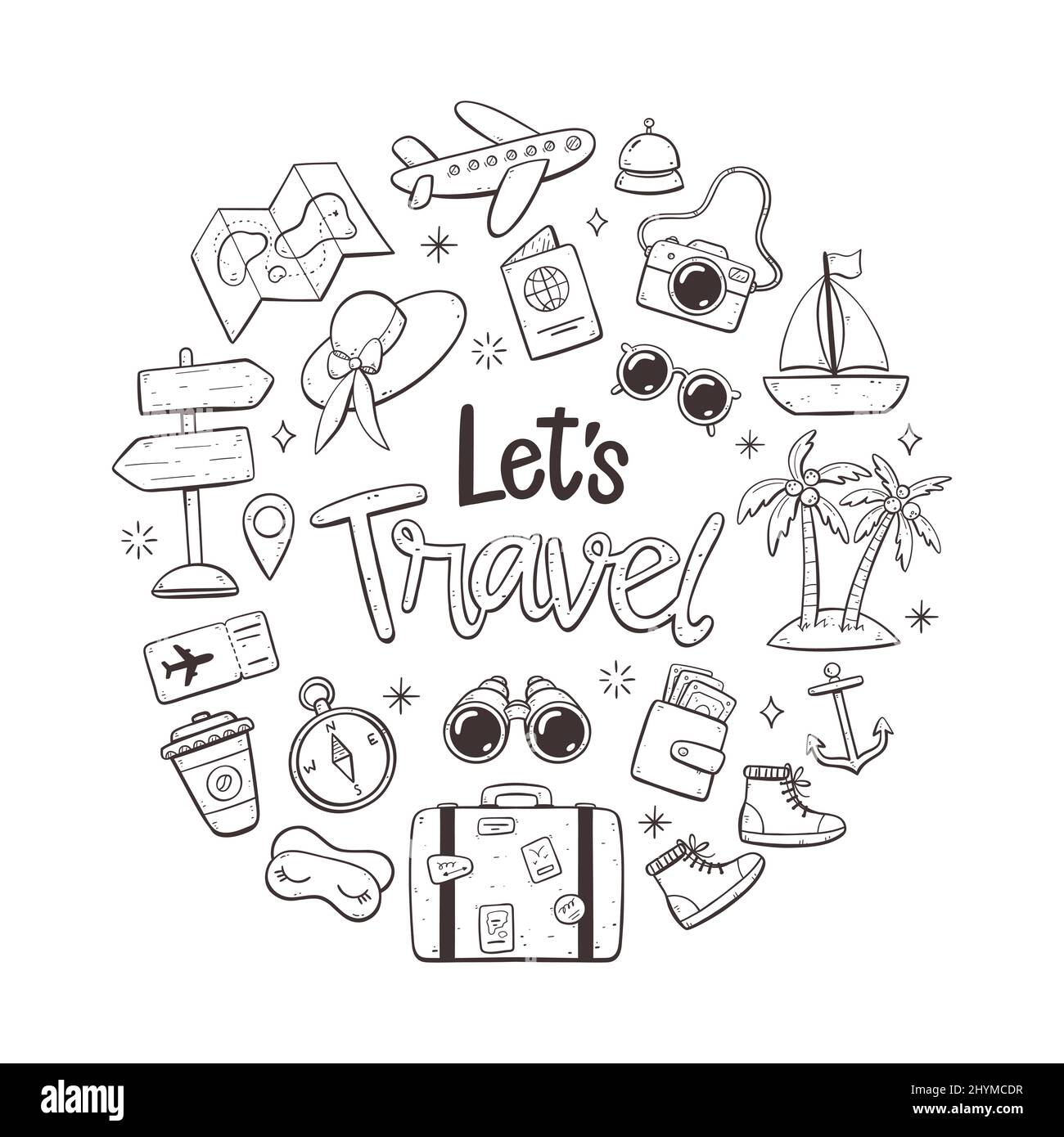 Vacances de voyage. Style Doodle. Icônes de voyage mignons dessinées à la main. Objets isolés sur fond blanc. Illustration de Vecteur