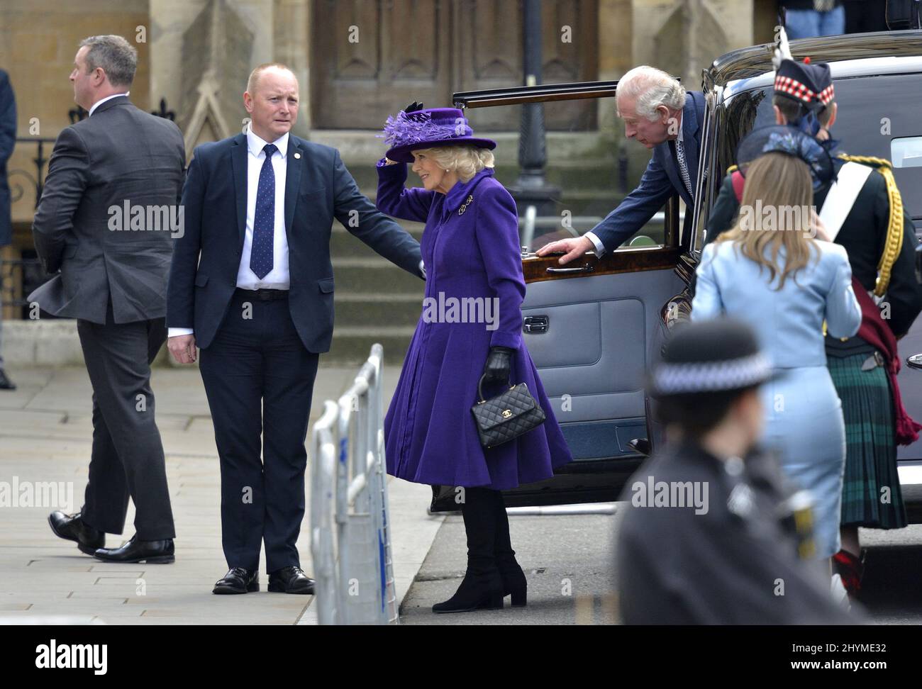 Prince Charles et Camilla / duc et duchesse de Cornwall arrivant pour le Commonwealth Service à Westminster Abbey, Londres, 14th mars 2022. Banque D'Images