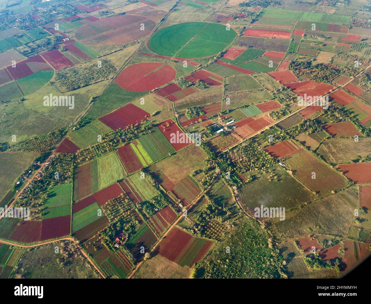 Zones concentriques d'irrigation des grandes fermes d'État et des champs de paysans, Cuba, Artemisa, Alquizar Banque D'Images