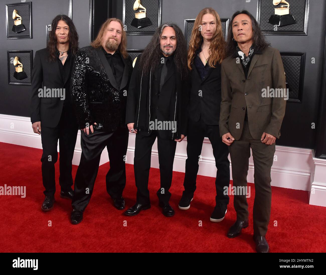 Damien Sisson, will Carroll, Mark Osegueda, Rob Cavestany et Ted Aguilar, de Death Angel, ont assisté aux GRAMMY Awards 2020 qui ont eu lieu au Staples Center de Los Angeles, en Californie. Banque D'Images