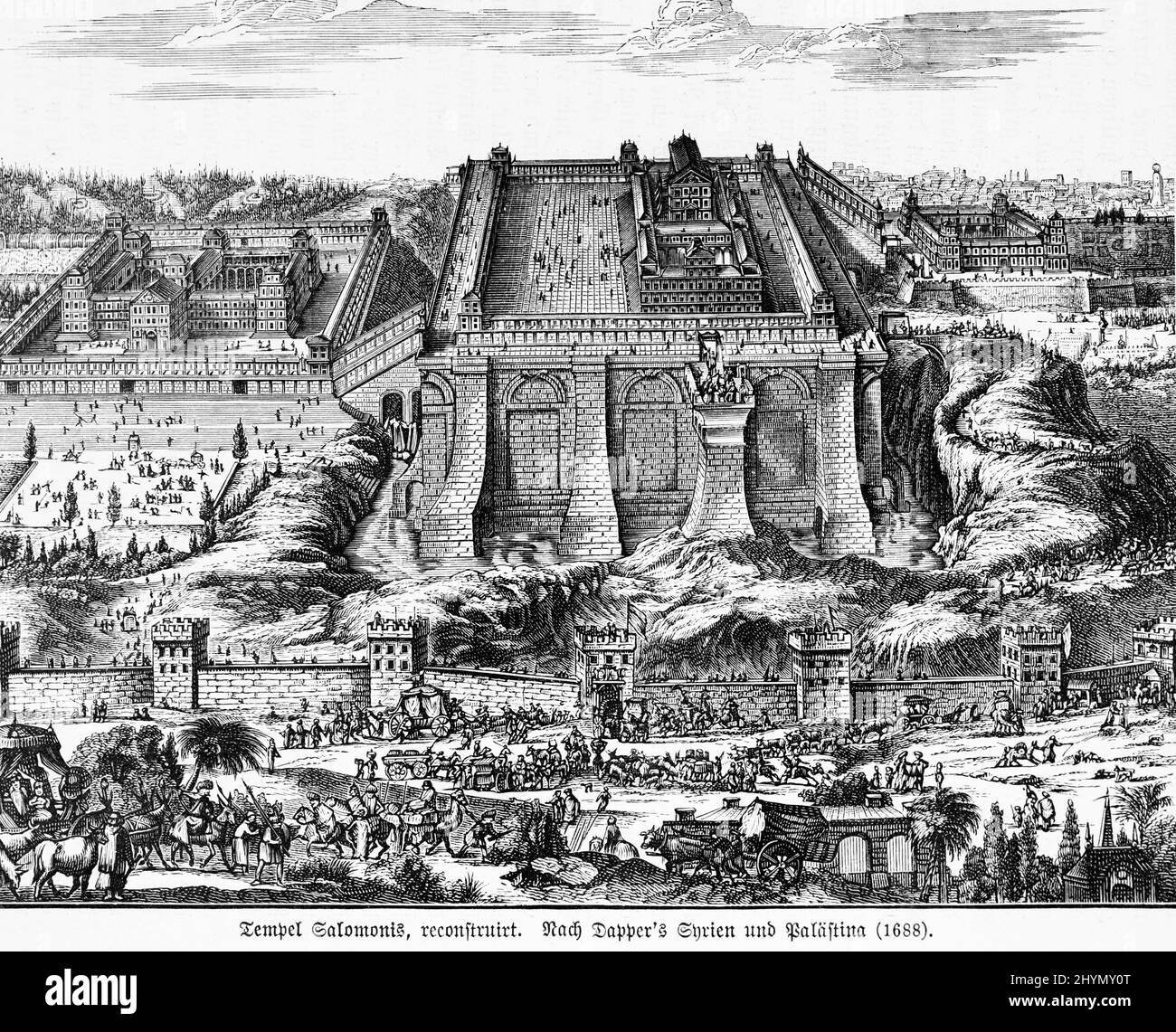Complexe du Temple, Salomon, beaucoup de gens, mur de ville, calèches, 17th siècle, illustration historique, 1885, Jérusalem, Israël Banque D'Images
