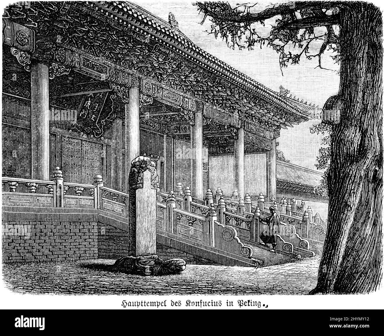Complexe du Temple, temple principal, Confucius, religion, architecture, Colonnes, arbre, illustration historique 1885, Beijing, Chine Banque D'Images
