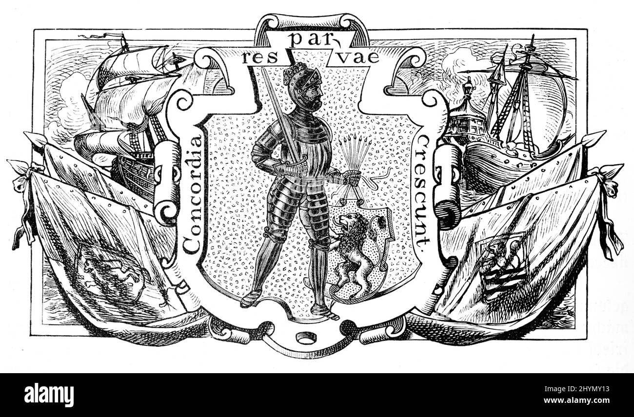 Emblème, inscription, Concordia res parvae crescendt, à travers concord petites choses grandir, chevalier, armure, lion, épée, Flèches, voiliers, Japon, 1885 Banque D'Images