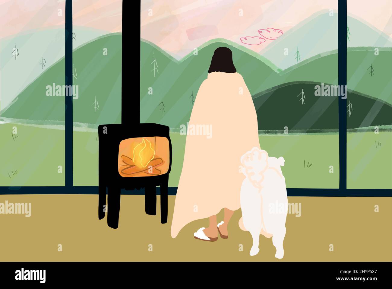 Femme couverte de écossais debout avec un chien près de la cheminée près de la fenêtre et jouissant d'une belle vue sur les montagnes. Concept de confort et de repos à la maison sur la nature. Illustration vectorielle Illustration de Vecteur