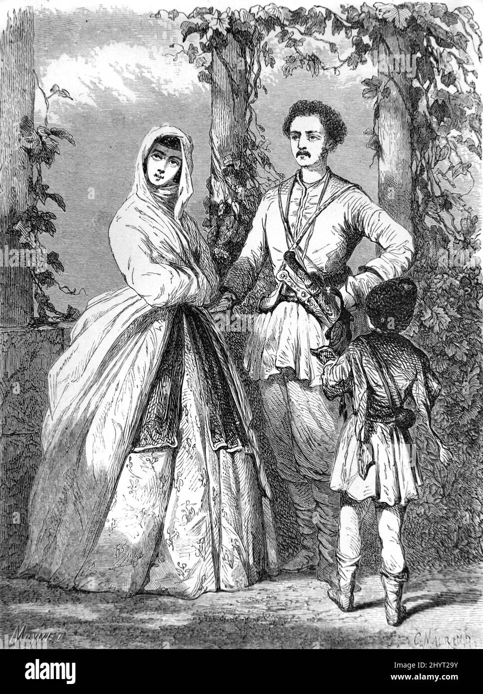 Couple et fils géorgiens ou famille géorgienne portant un costume traditionnel géorgien, un costume folklorique, une robe ethnique ou un costume national géorgien. Illustration ancienne ou gravure 1860. Banque D'Images