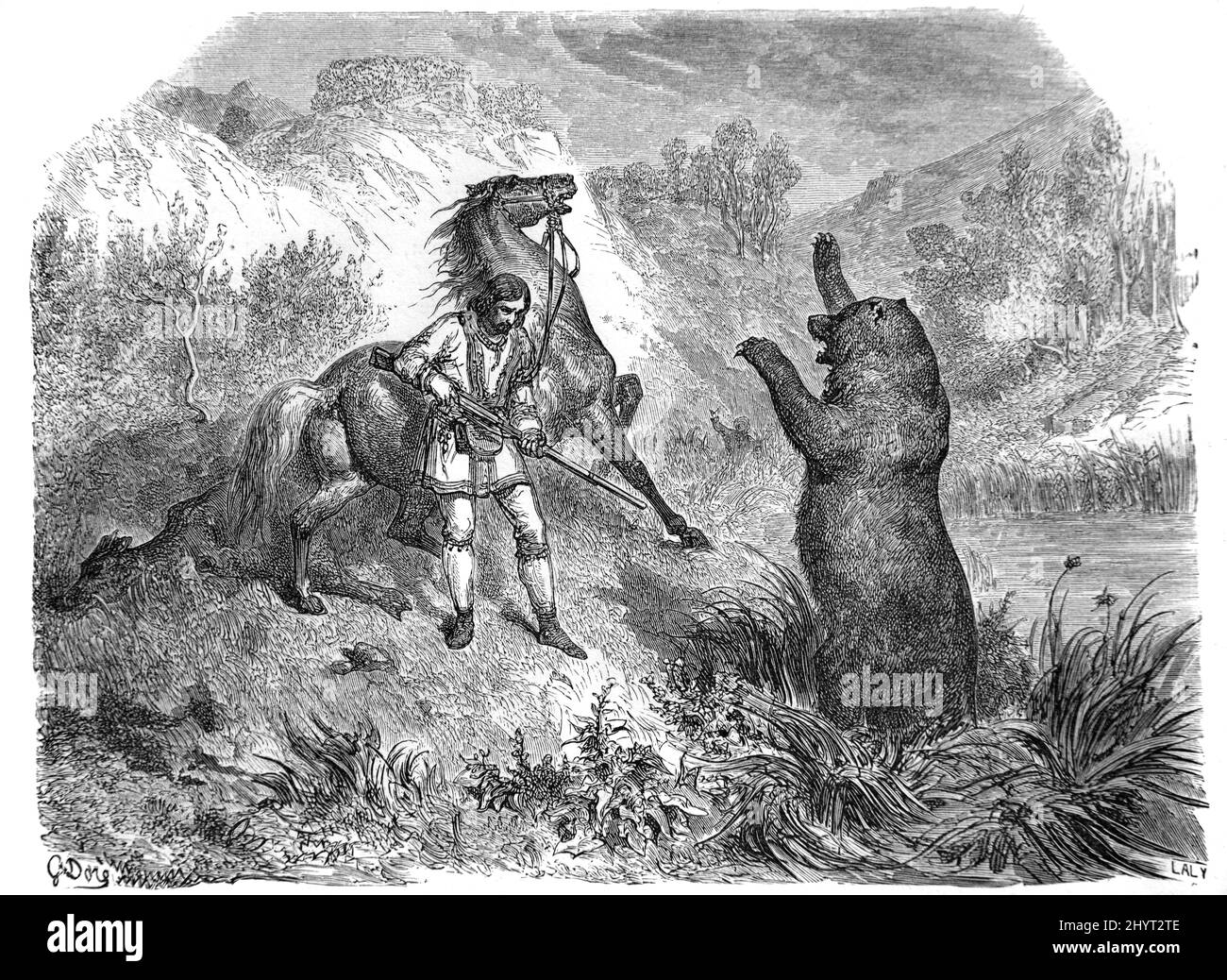 Le cowboy affronte l'ours grizzli en colère, Ursus arctos horribilis ou Bear Hunt dans les montagnes Rocheuses aux États-Unis, aux États-Unis ou aux États-Unis d'Amérique. Illustration ancienne ou gravure 1860. Banque D'Images