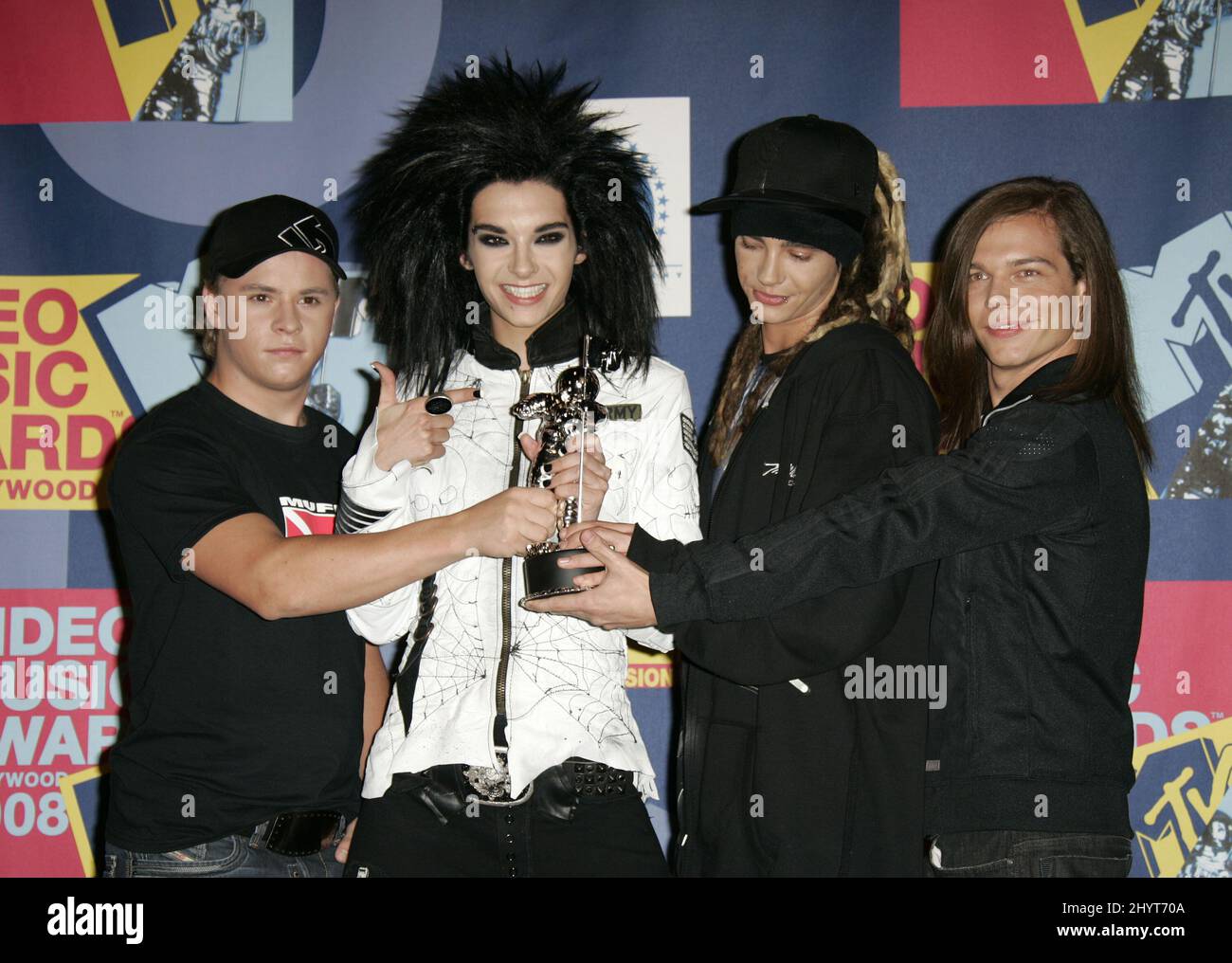 Tokio Hotel dans la salle pré-enregistrée pour les MTV Video Music Awards 2008, qui se tiennent aux Paramount Studios, Los Angeles. Banque D'Images