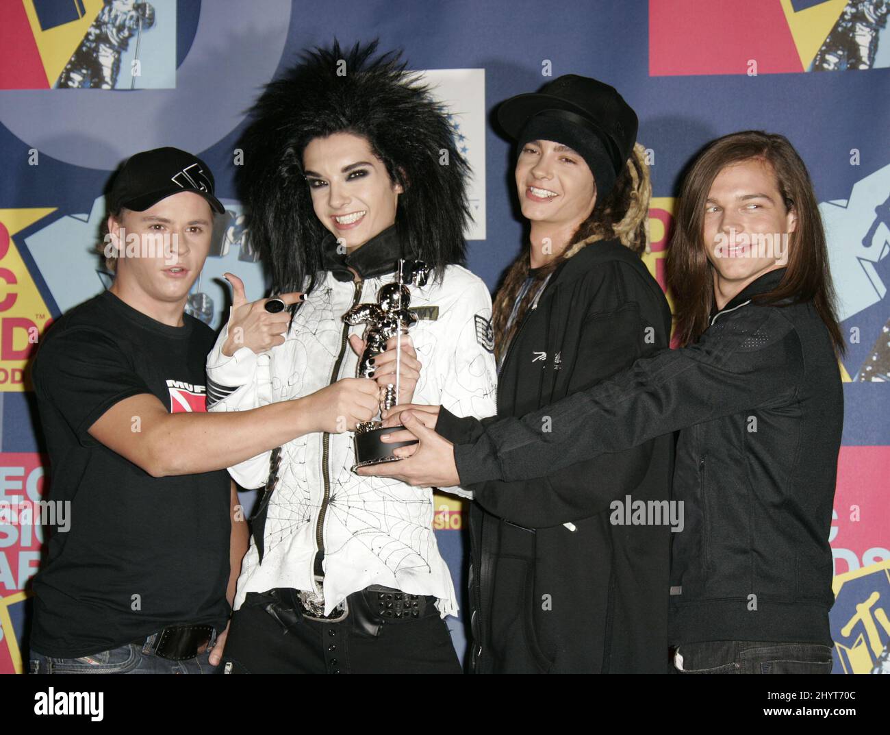 Tokio Hotel dans la salle pré-enregistrée pour les MTV Video Music Awards 2008, qui se tiennent aux Paramount Studios, Los Angeles. Banque D'Images