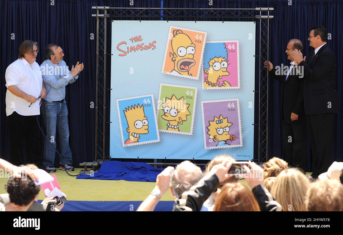 Matt Groening, James Brooks et Kelsey Grammer à la cérémonie de dédicace du timbre 'The Simpsons' qui s'est tenue au Fox Studio, Los Angeles Banque D'Images